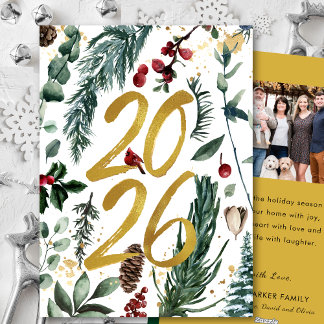 Goud 2026 Festieve Kerstdennenboomtak Rood Foto Feestdagenkaart