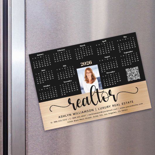 Goud 2026 Kalender Realtor Foto QR Code Magnet