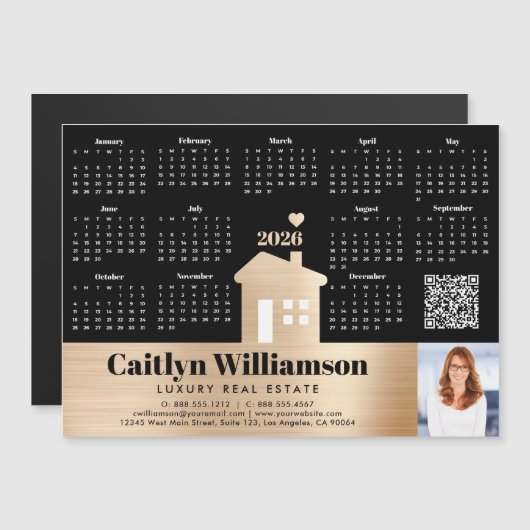 Goud 2026 Kalender Realtor Foto QR Code Magnet (Voorkant / Achterkant)