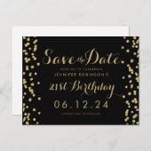 Goud 21e verjaardag Save The Date Confetti Zwart Aankondigingskaart (Voorkant / Achterkant)