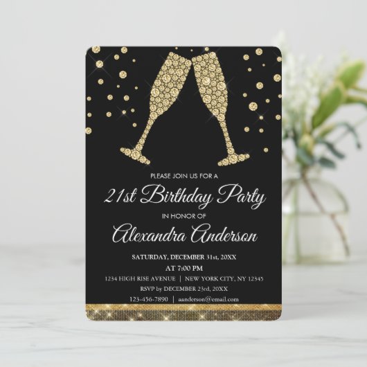 Goud 21e Verjaardagsfeest Diamant Champagne Glas Kaart (Staand voorkant)