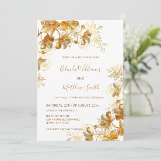 Goud 3 D Bloemen Wit Kaart (Staand voorkant)