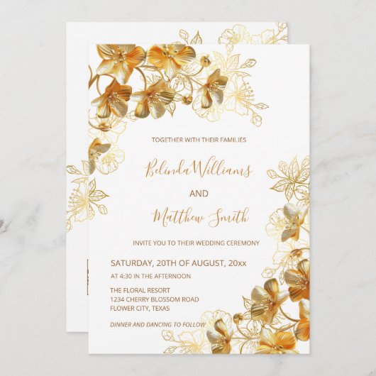 Goud 3 D Bloemen Wit Kaart (Voorkant / Achterkant)