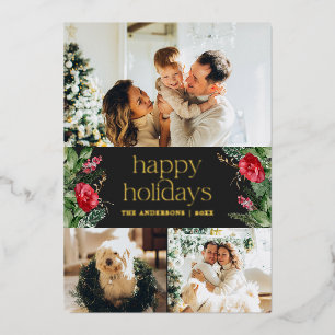 Goud 3 foto Elegante winter groen grijs vakantie Folie Uitnodiging