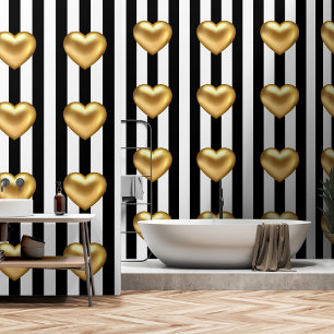 Goud 3d hart zwart wit strepen behang