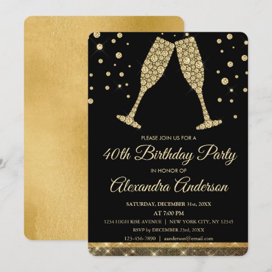 Goud 40e Verjaardagsfeest Diamant Champagne Glas Kaart (Voorkant / Achterkant)