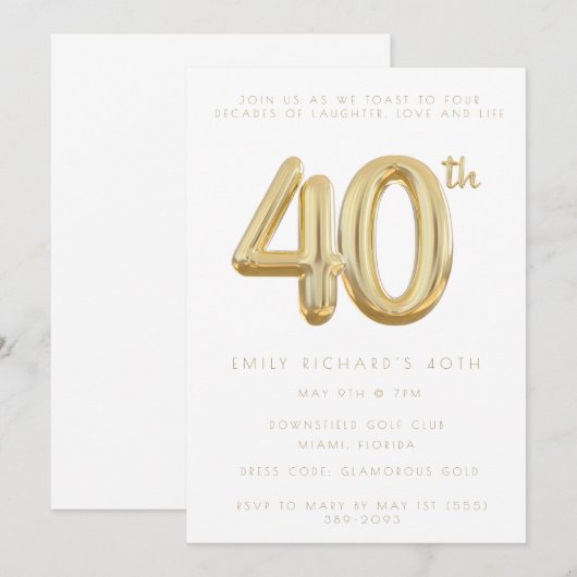 Goud 40e Verjaardagsfeestballon Uitnodiging (Voorkant / Achterkant)