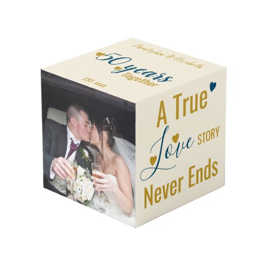 Goud 50 jaar jubileum blauwe foto kubus (Voorkant hoekig)