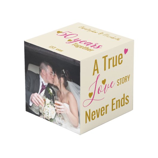 Goud 50 jaar jubileum roze foto kubus (Voorkant hoekig)