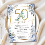 Goud 50e bruiloft Jubileum Dusty Blue Floral Kaart<br><div class="desc">Vier 50 jaar liefde met onze elegante "Gold 50th Wedding Jubileum Dusty Blue Floral Invitation!" Perfect voor een memorabele gouden jubileumfeest. Bestel vandaag nog uw bestelling en maak uw viering echt speciaal! Let op: Gouden glitter effecten worden alleen gesimuleerd; geen echt goud zal worden gebruikt in het drukproces.</div>