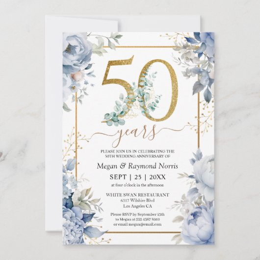 Goud 50e bruiloft Jubileum Dusty Blue Floral Kaart (Voorkant)