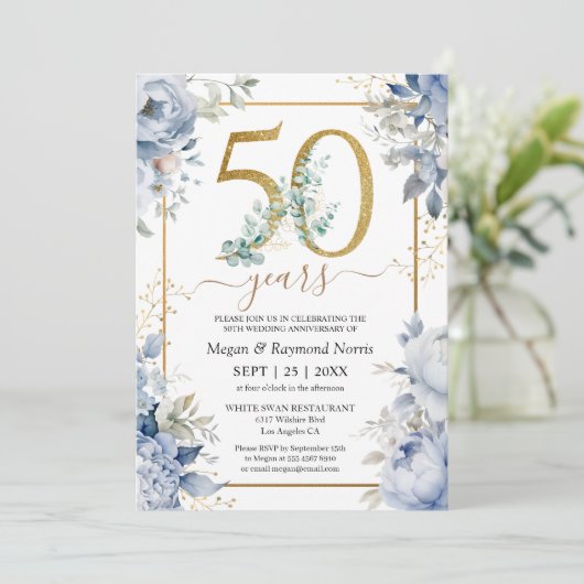 Goud 50e bruiloft Jubileum Dusty Blue Floral Kaart (Staand voorkant)