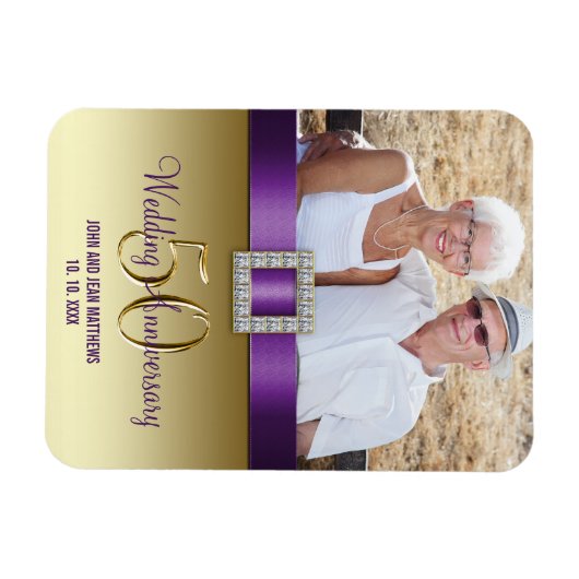 Goud 50e Bruiloft Jubileum Magneet Paarse (Horizontaal)