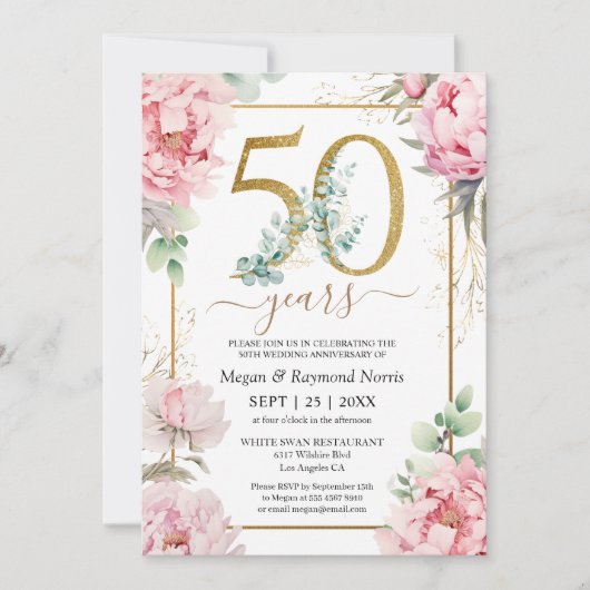 Goud 50e bruiloft Jubileum roze pioen Kaart (Voorkant)