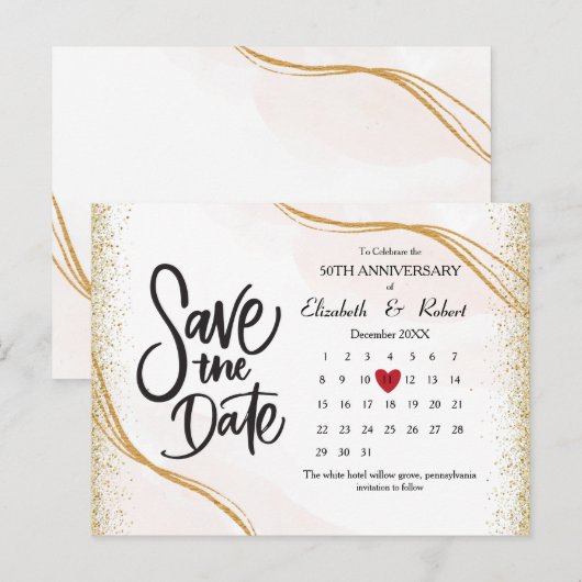 Goud 50e Jubileum Gliter De Datumkalender Aankondigingskaart (Voorkant / Achterkant)