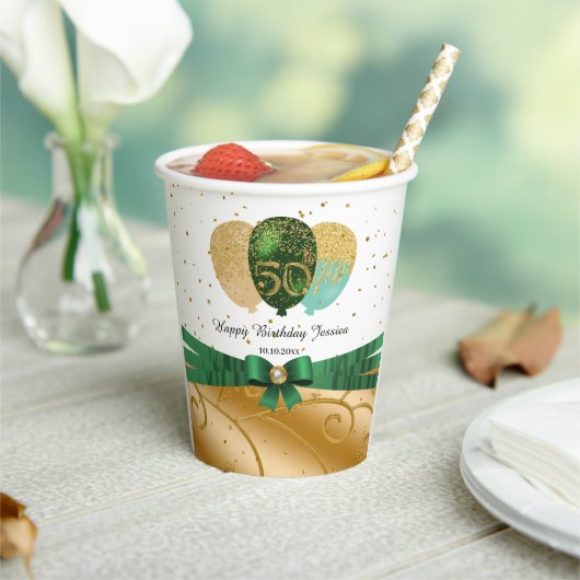 Goud 50e verjaardag, Groen Zijde Lint, Ballonnen Papieren Bekers (Insitu)