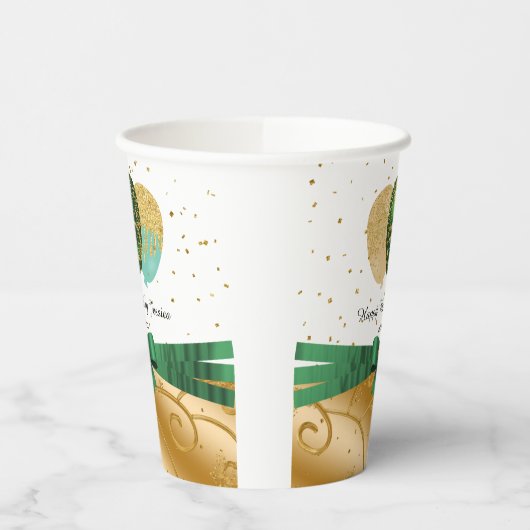 Goud 50e verjaardag, Groen Zijde Lint, Ballonnen Papieren Bekers (Links)