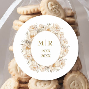 Goud 50ste huwelijksjubileum Witte Pioen Bloemstuk Ronde Sticker