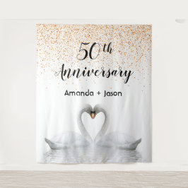 Goud 50ste verjaardag witte zwanen in liefde wandkleed