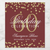 Goud 60e Verjaardag Glitter Confetti Bourgogne Wijn Etiket (Enkel label)