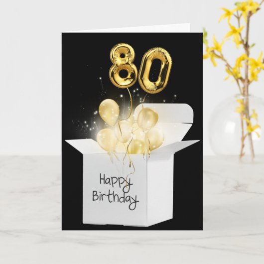 Goud 80e verjaardag ballonnen in witte doos kaart (Gele Bloem)