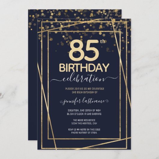 Goud 85e verjaardagsfeestje Blauw Goud Uitnodiging (Voorkant / Achterkant)
