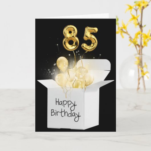 Goud 85th Birthday-ballonnen in witte doos Kaart (Gele Bloem)