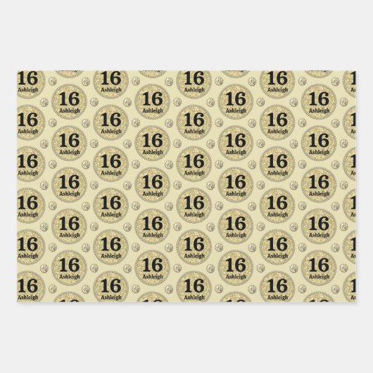 Goud Aangepaste Naam Leeftijd 16 Verjaardag Inpakpapier Vel (Voorkant)