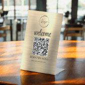 Goud Aangepaste QR Code Menu Tekst Modern Bedrijf Reclamebord Met Voetstuk