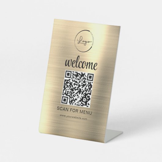 Goud Aangepaste QR Code Menu Tekst Modern Bedrijf Reclamebord Met Voetstuk (Voorkant)