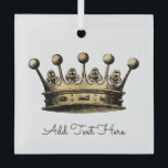 Goud - aangepaste tekstruimte voor Gold Crown Glas Ornament<br><div class="desc">Eenvoudig  Gold Crown-ontwerp op helder wit glas met de aangepaste EINDTEKST hieronder in zwart-wit. Eenvoudig aan te passen tekst,  tekstkleur,  lettertype. Sweet keepakes voor de koningin of koning in je leven. Meng en pas het volledige Collectie van het Domein door TMCdesigns aan.</div>