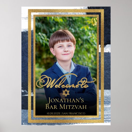 Goud Abstract Blauw Bar Mitswa Foto Welkom Teken Poster (Voorkant)