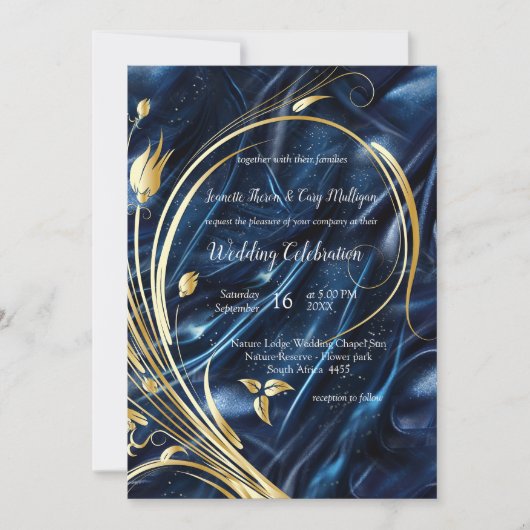 Goud abstract bloemetjes op Simmery Blue Silk Kaart (Voorkant)