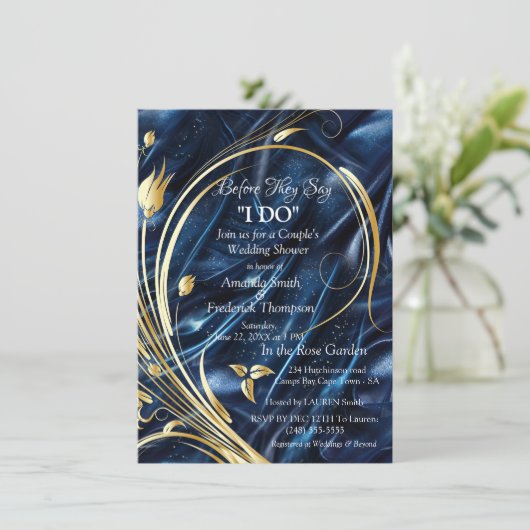 Goud abstract bloemetjes op Simmery Blue Silk Kaart (Staand voorkant)