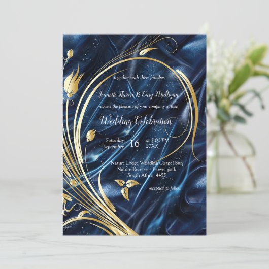 Goud abstract bloemetjes op Simmery Blue Silk Kaart (Staand voorkant)