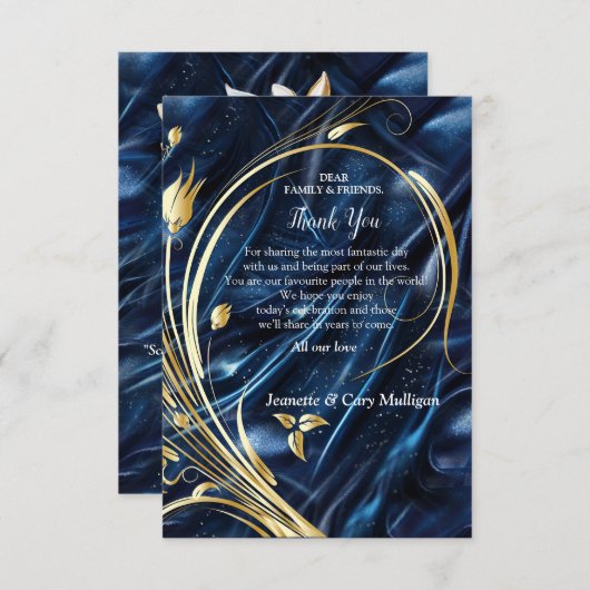 Goud abstract bloemetjes op Simmery Blue Silk RSVP Kaartje (Voorkant / Achterkant)