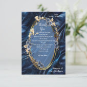 Goud abstract bloemetjes op Simmery Blue Silk RSVP Kaartje (Staand voorkant)
