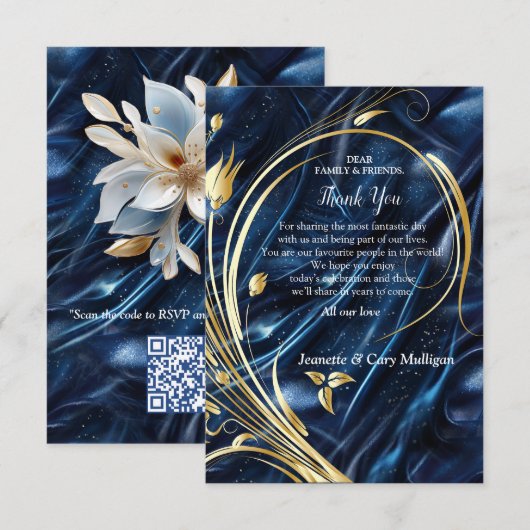 Goud abstract bloemetjes op Simmery Blue Silk RSVP Kaartje (Voorkant / Achterkant)