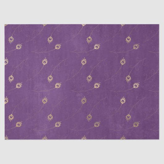 Goud Abstract oog van Peacock Feathers op Paars Tissuepapier (Voorkant)