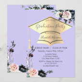 Goud Afstudeerder Pet, Bloemen Licht Paarse Afstud Kaart (Voorkant / Achterkant)