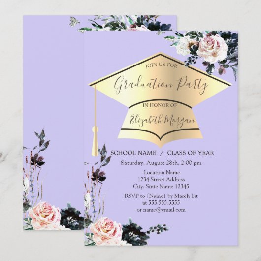 Goud Afstudeerder Pet, Bloemen Licht Paarse Afstud Kaart (Voorkant / Achterkant)