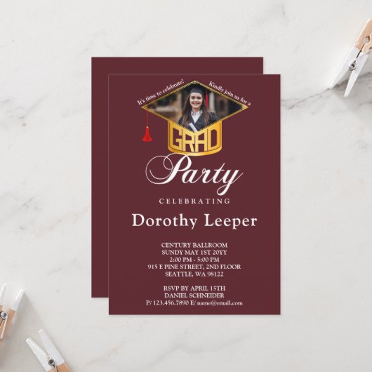 Goud Afstudeerder Pet & Foto Graduation Party Kaart (Voorkant / Achterkant in situ)