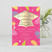 Goud Afstudeerder Pet Tropische bladeren Roze Afst Kaart (Staand voorkant)