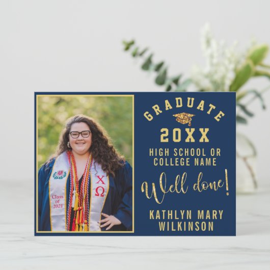 Goud Afstudeerder Pet Vet Script 4 Foto Afstuderen Kaart (Staand voorkant)