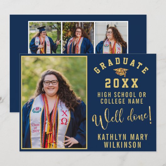 Goud Afstudeerder Pet Vet Script 4 Foto Afstuderen Kaart (Voorkant / Achterkant)