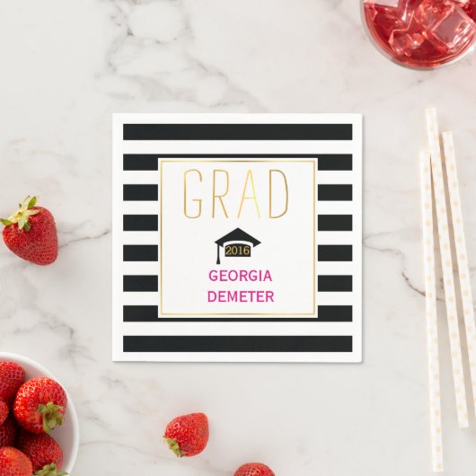 Goud afstudeerder zwart, witte strepen heet roze a servetten (Insitu)