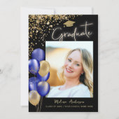 Goud Afstuderen Foto Blauwe Marineballonnen Aankondiging (Voorkant)