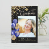 Goud Afstuderen Foto Blauwe Marineballonnen Aankondiging (Staand voorkant)