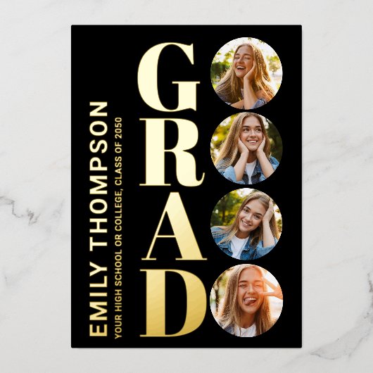 Goud Afstuderen Moderne Fotocollage Folie Uitnodiging (Voorkant)