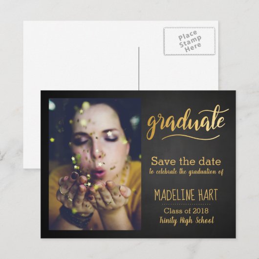 Goud Afstuderen | schoolbord de datumfoto opslaan Aankondigingskaart (Voorkant / Achterkant)